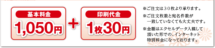 「基本料金 1,050円」＋「印刷代金 1枚30円」※ご注文は３０枚より承ります。※ご注文枚数と宛名件数が一致していなくても大丈夫です。※金額はエクセルデータ入稿して頂いた形での、インターネット特別料金になっております。