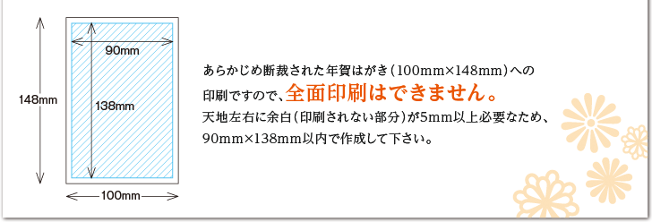 あらかじめ断裁された年賀はがき（100mm×148mm）への印刷ですので、全面印刷はできません。天地左右に余白（印刷されない部分）が5mm以上必要なため、90mm×138mm以内で作成して下さい。